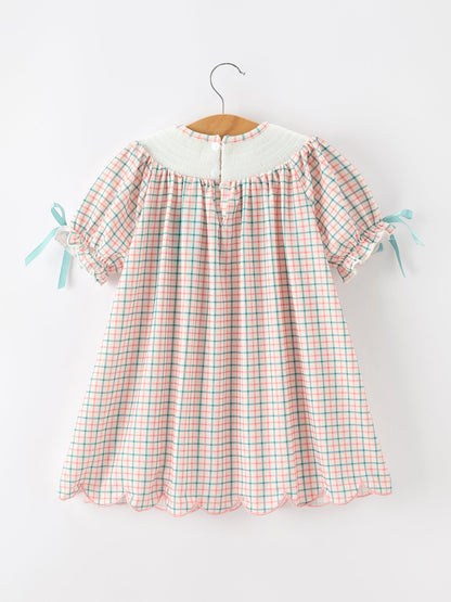 Girls Christmas Smocked Plaid Dress with Tree Embroidery
