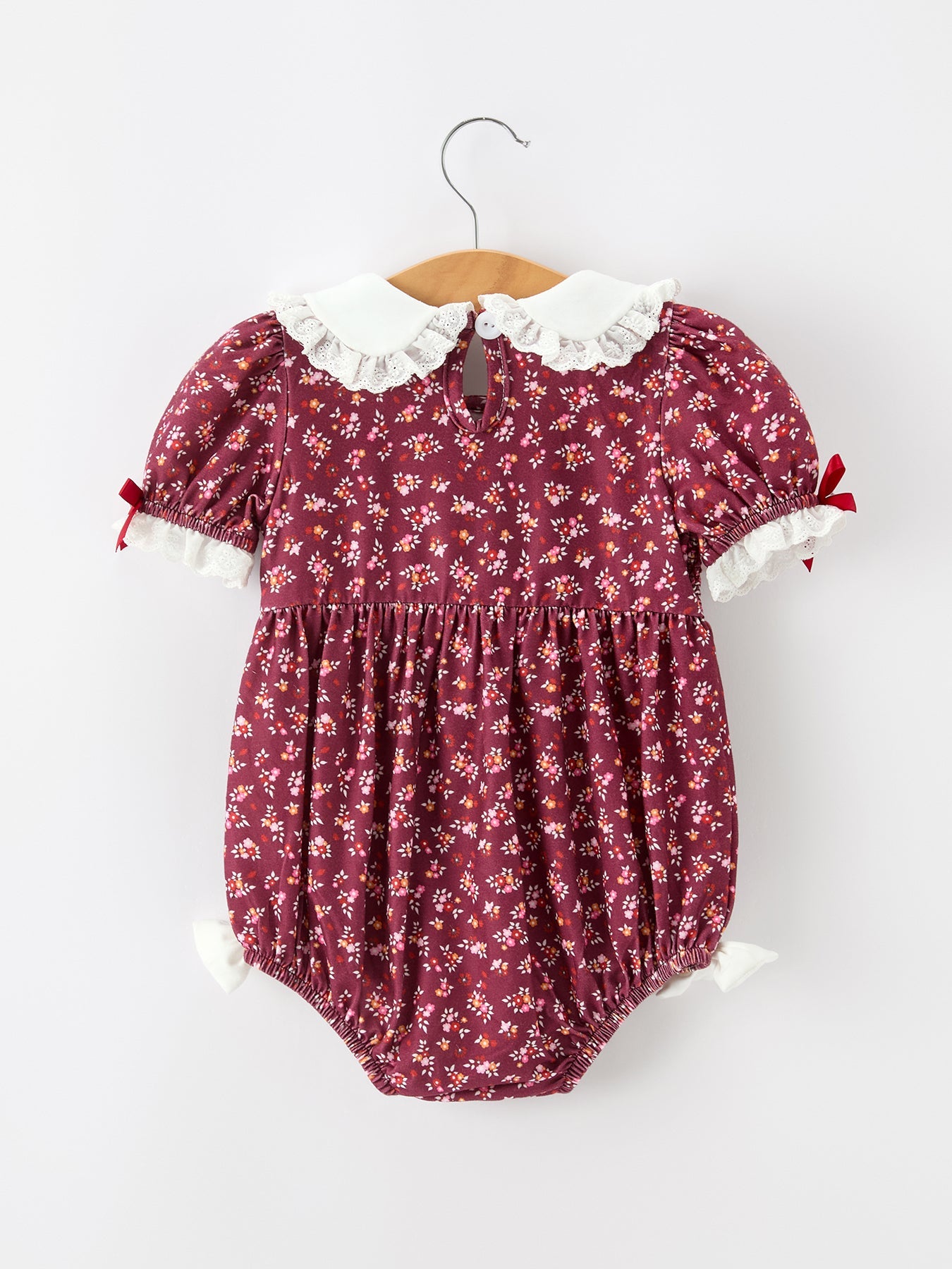 Burgundy Floral Smocked Baby Girl Bubble Romper Peter Pan Collar