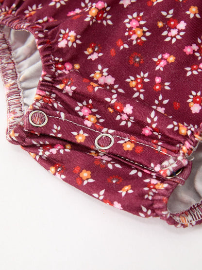 Burgundy Floral Smocked Baby Girl Bubble Romper Peter Pan Collar
