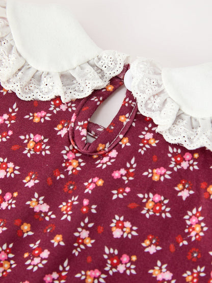 Burgundy Floral Smocked Baby Girl Bubble Romper Peter Pan Collar