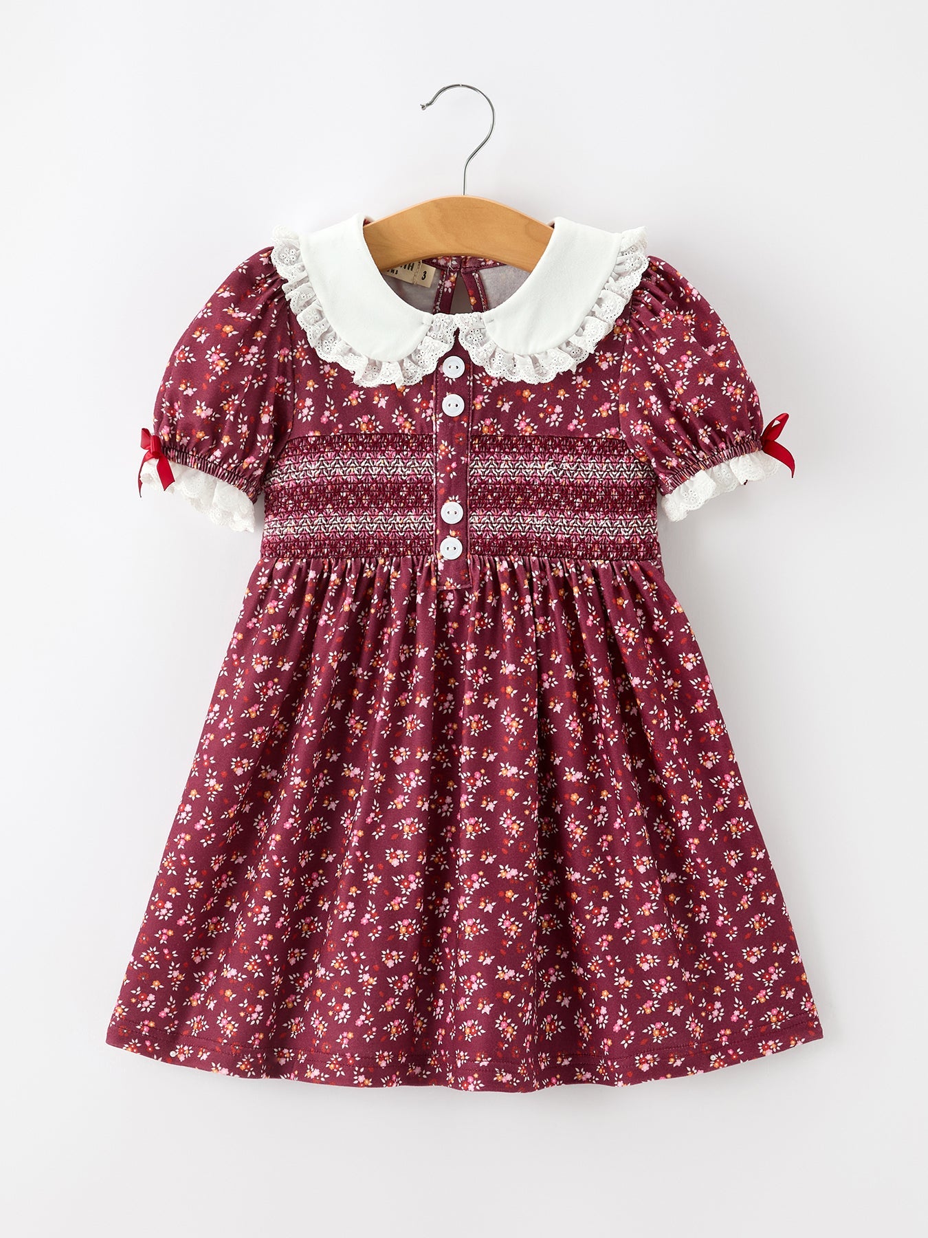 Burgundy Floral Smocked Girls Dress Peter Pan Collar Lace Trim