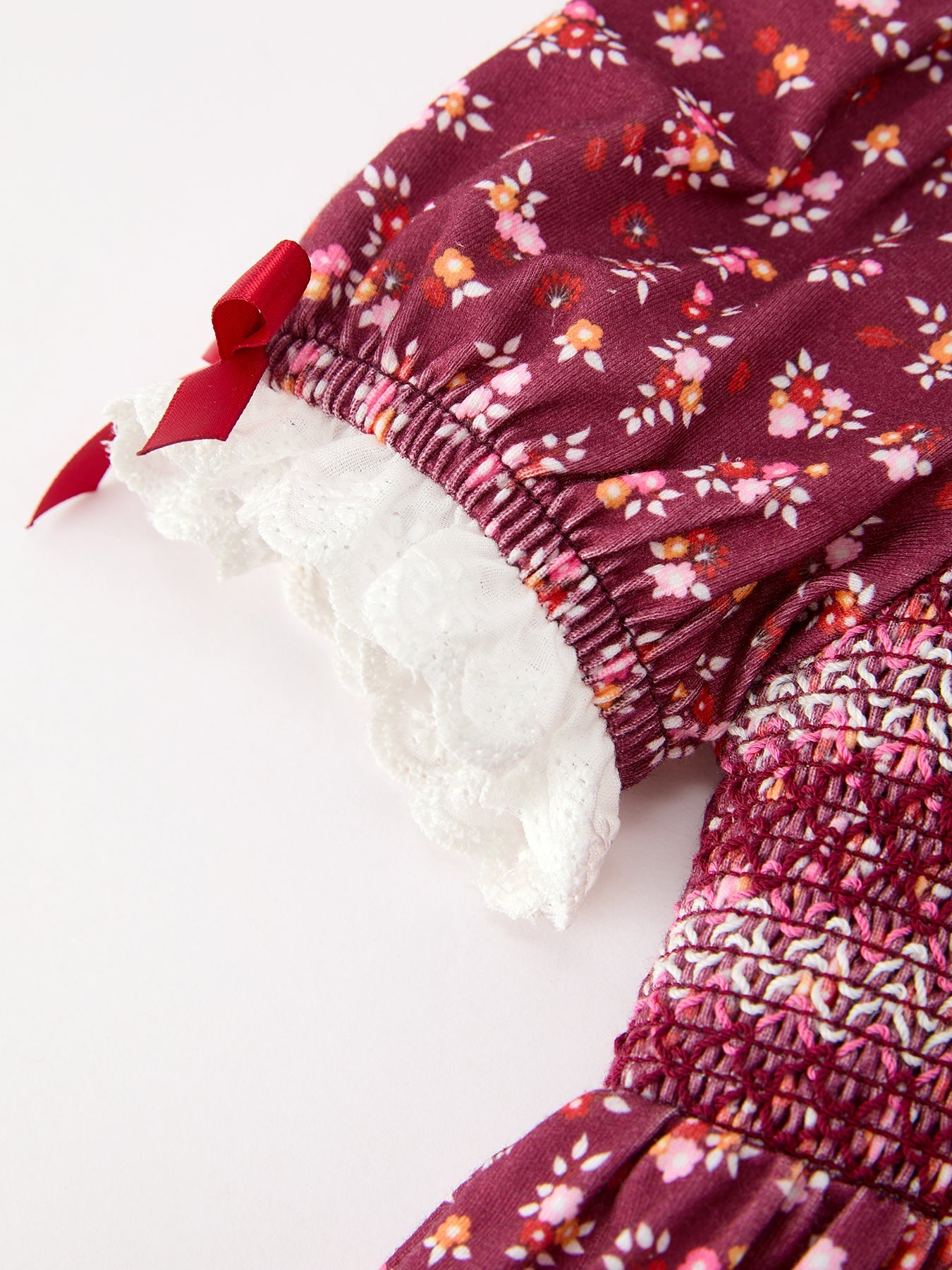 Burgundy Floral Smocked Girls Dress Peter Pan Collar Lace Trim