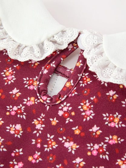 Burgundy Floral Smocked Girls Dress Peter Pan Collar Lace Trim