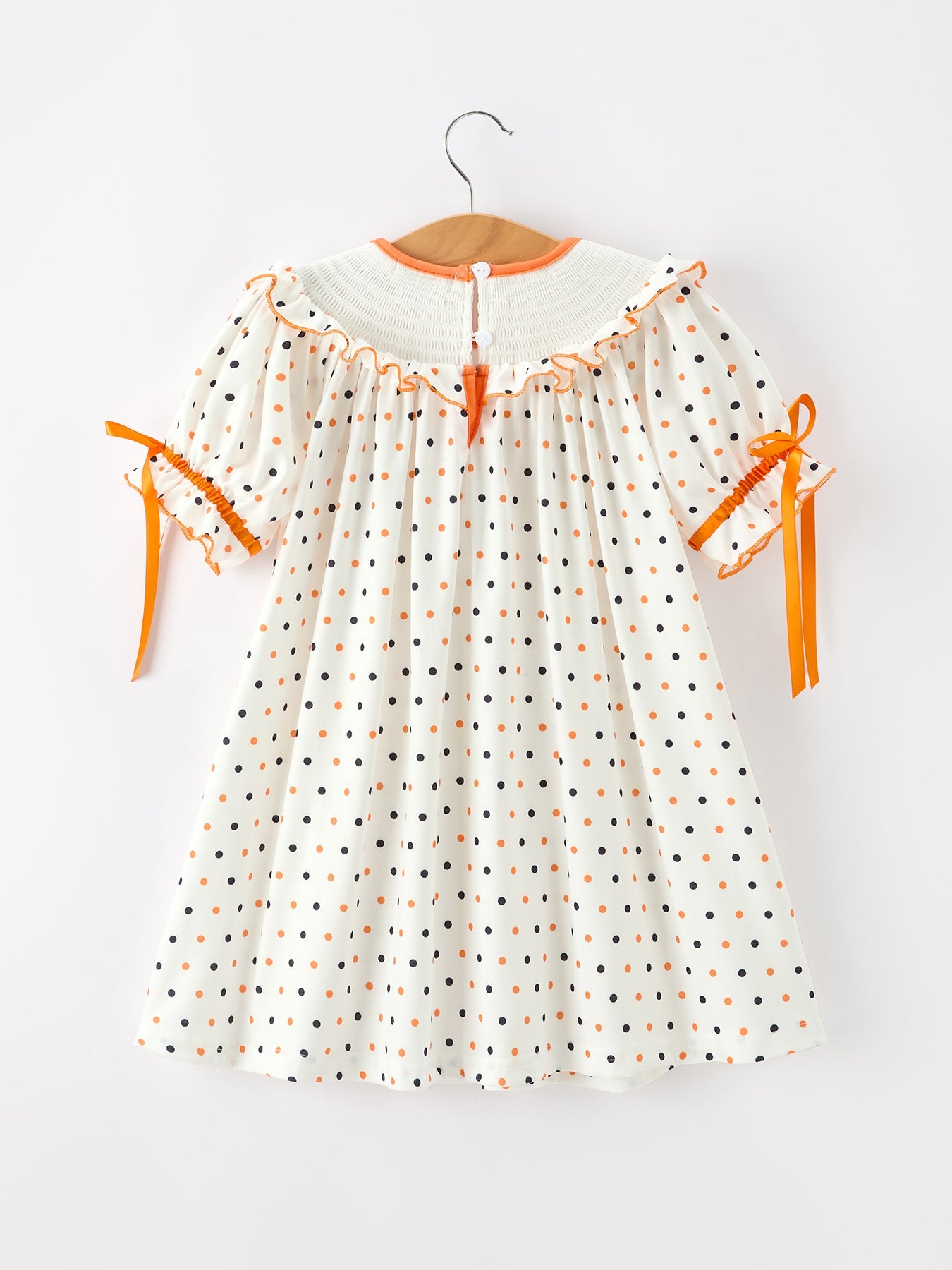 Halloween Pumpkin Smocked Girls Dress Polka Dot Ruffle Sleeve