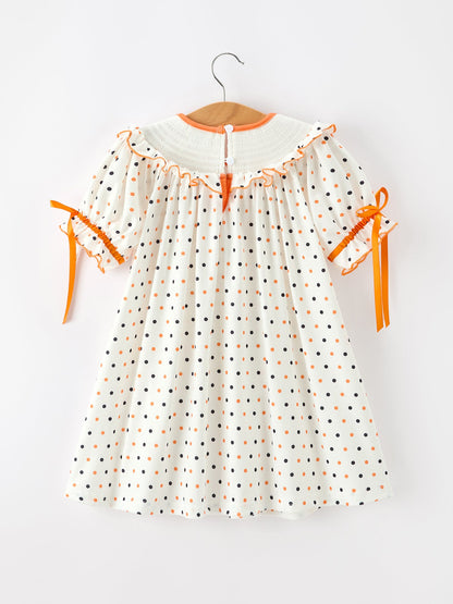Halloween Pumpkin Smocked Girls Dress Polka Dot Ruffle Sleeve