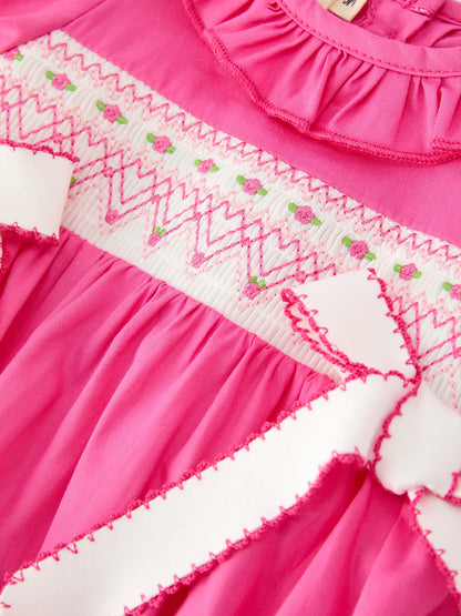 Fall Baby Girl Hot Pink Ruffle Smocked Embroidery Romper