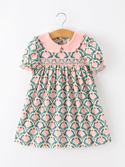 Fall Geometric Floral Girls Dress Petals Collar Smocked