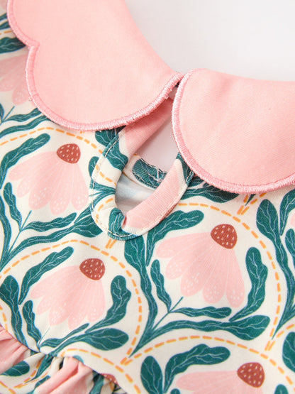 Fall Geometric Floral Girls Dress Petals Collar Smocked