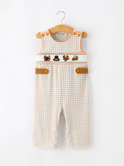 Thanksgiving Boys Gingham Jon Jon Embroidered Romper