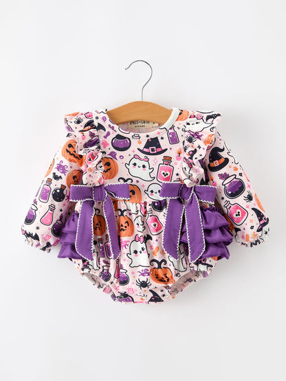 Halloween Pumpkin Ghost Baby Girl Bubble Romper Ruffle Bow Detail