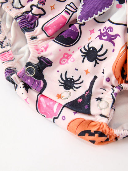 Halloween Pumpkin Ghost Baby Girl Bubble Romper Ruffle Bow Detail
