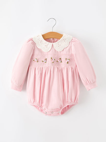Fall Pink Smocked Baby Girl Bubble Romper Peter Pan Collar Floral Detail
