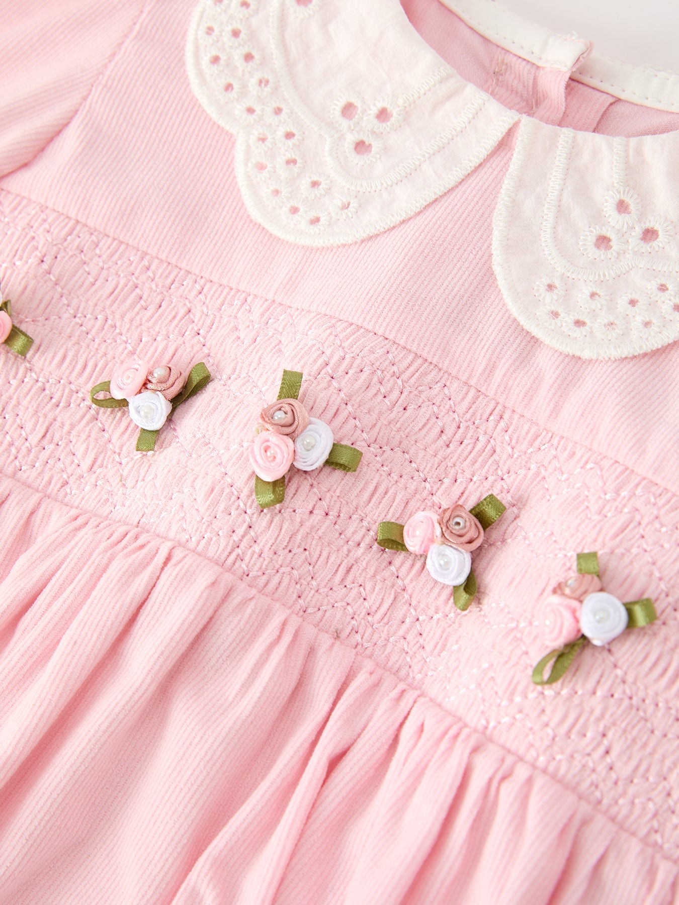 Fall Pink Smocked Baby Girl Bubble Romper Peter Pan Collar Floral Detail