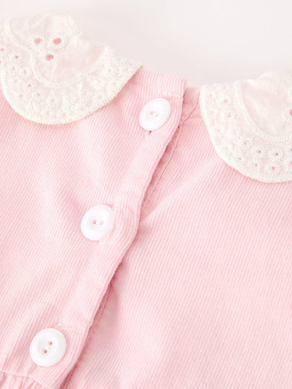 Fall Pink Smocked Baby Girl Bubble Romper Peter Pan Collar Floral Detail