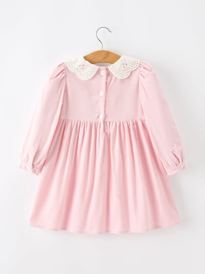 Fall Pink Smocked Girls Dress Peter Pan Collar Long Sleeve Floral Detail