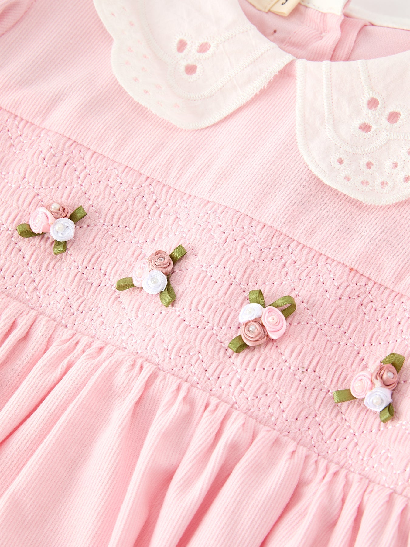 Fall Pink Smocked Girls Dress Peter Pan Collar Long Sleeve Floral Detail