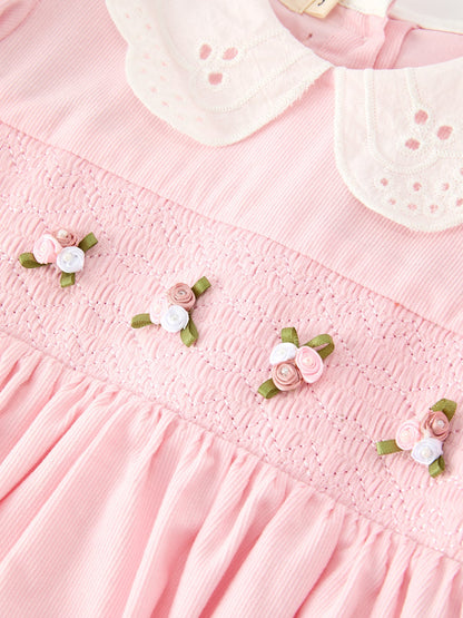 Fall Pink Smocked Girls Dress Peter Pan Collar Long Sleeve Floral Detail