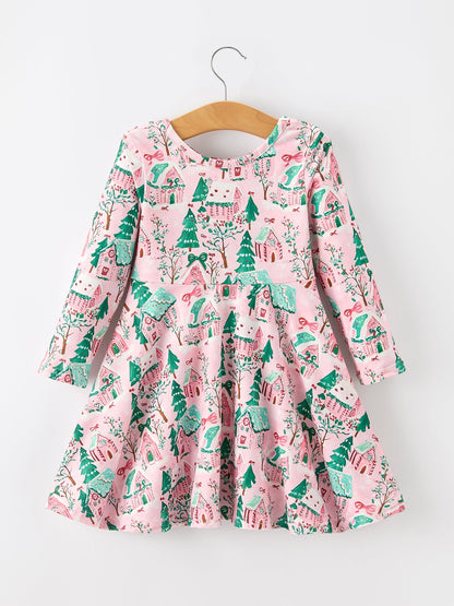 Christmas Girls Pink Holiday Village Print Twirl Dress
