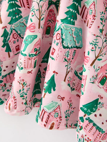 Christmas Girls Pink Holiday Village Print Twirl Dress