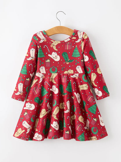 Girls Christmas Wreaths Twirl Long Sleeve Festive Dress