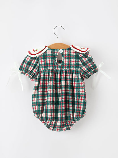 Baby Girl Christmas Plaid Wreath Embroidery Bubble Romper