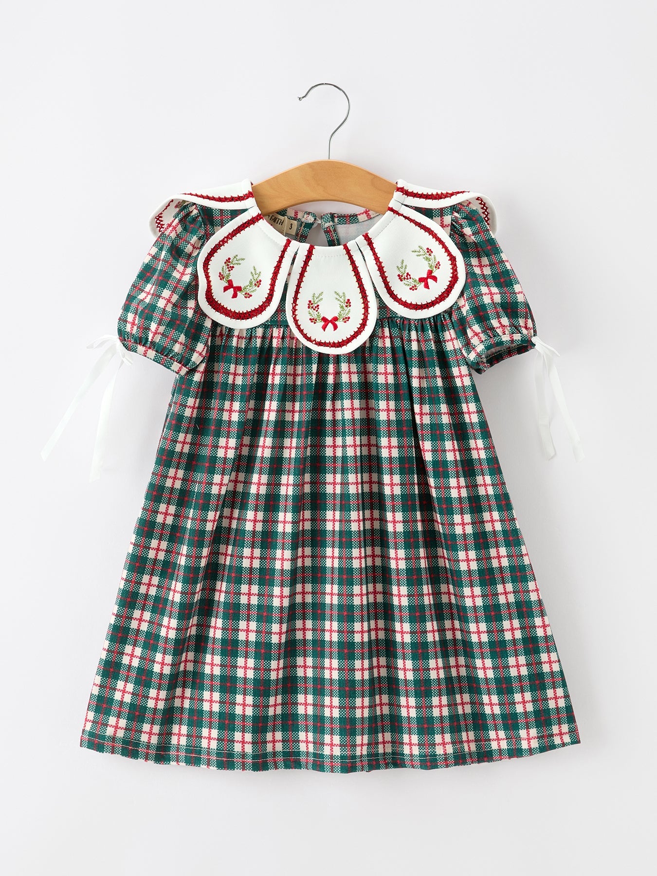 Baby Girl Christmas Plaid Embroidered Dress Wreath Collar