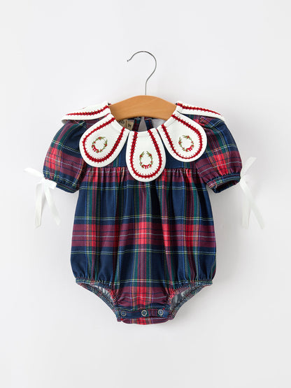 Navy Red Christmas Plaid Wreath Baby Girl Bubble Romper