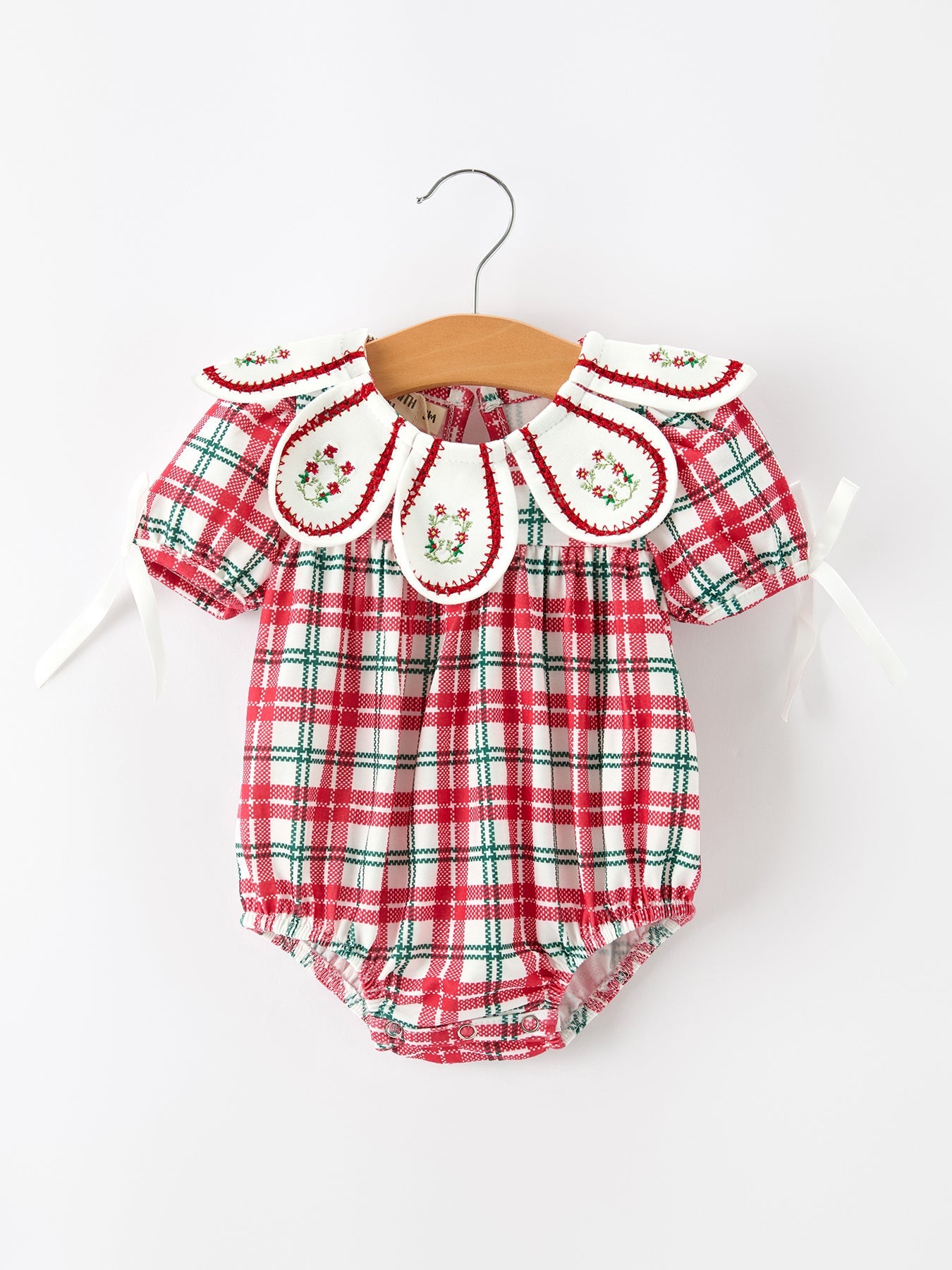 Red Christmas Plaid Wreath Baby Girl Bubble Romper