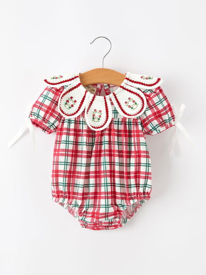 Red Christmas Plaid Wreath Baby Girl Bubble Romper