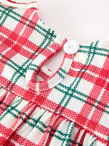 Red Christmas Plaid Wreath Baby Girl Bubble Romper