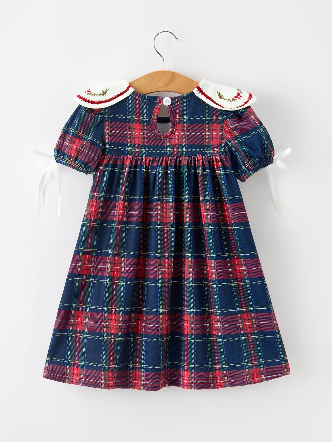 Navy Red Christmas Plaid Wreath Embroidered Girl Dress