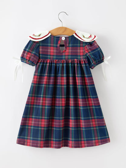 Navy Red Christmas Plaid Wreath Embroidered Girl Dress