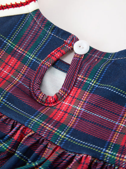 Navy Red Christmas Plaid Wreath Embroidered Girl Dress