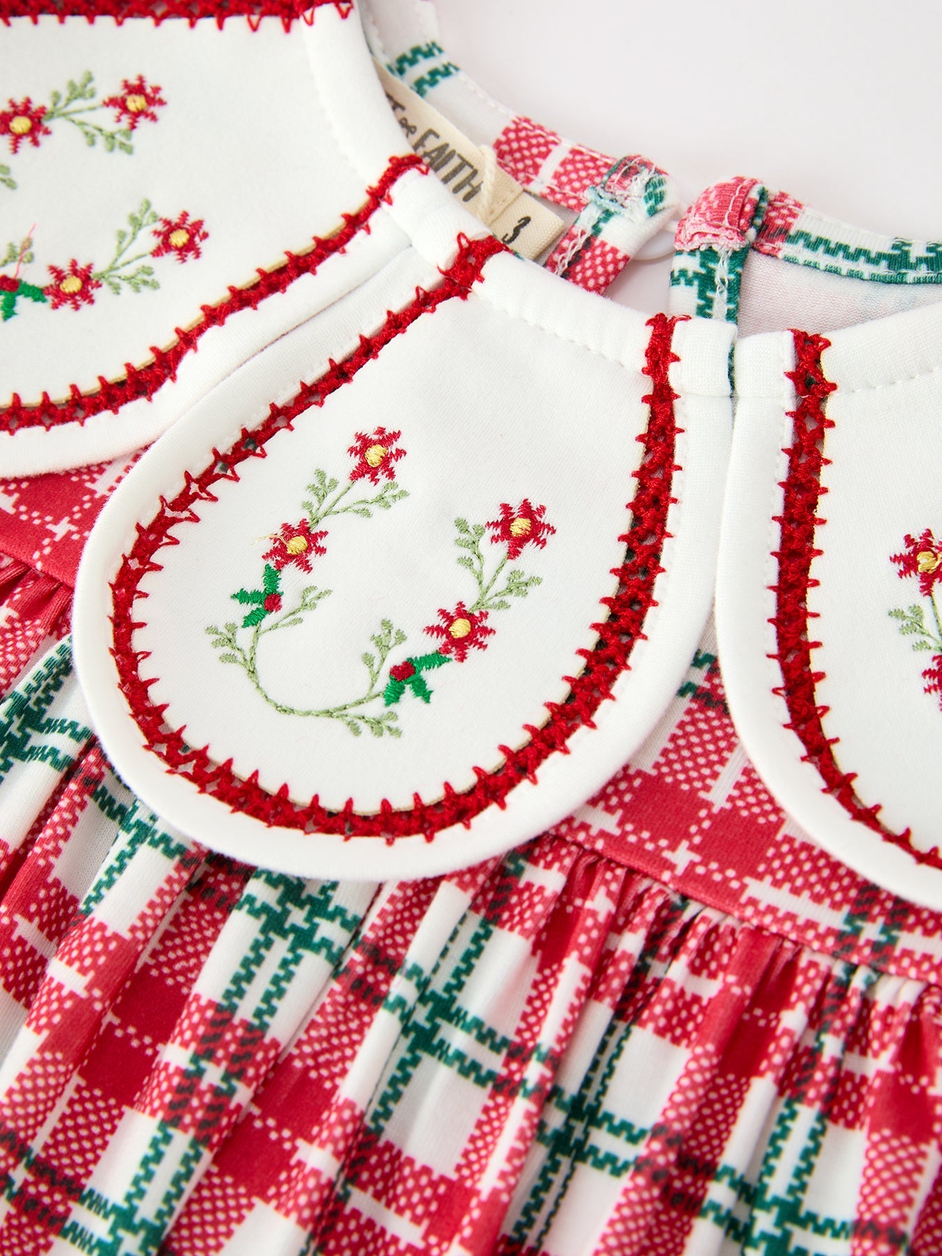 Red Christmas Plaid Wreath Embroidered Girl Dress