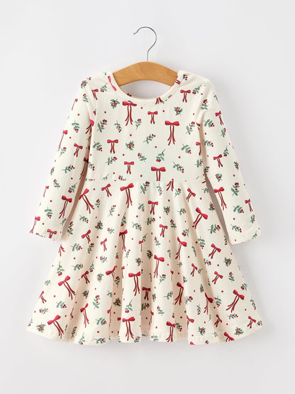 Girls Christmas Bow & Berry Print Twirl Dress
