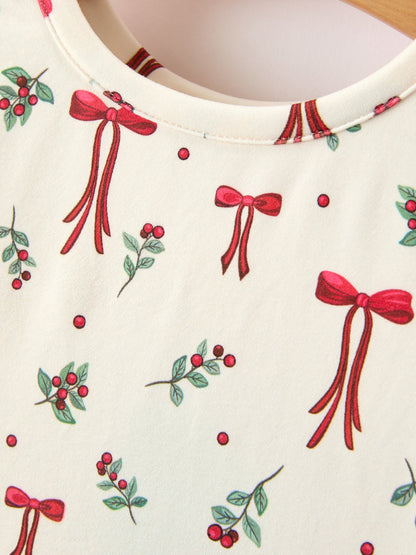 Girls Christmas Bow & Berry Print Twirl Dress