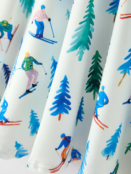 Christmas Girls Winter Ski & Pine Tree Print Twirl Dress
