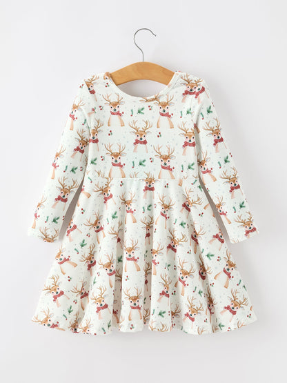 Girls Reindeer Christmas Twirl Long Sleeve Dress