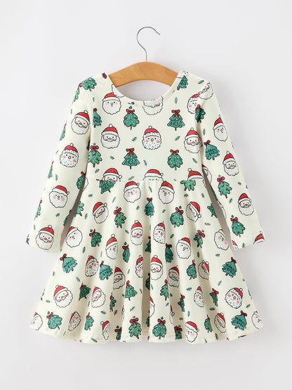 Girls Santa & Christmas Tree Print Twirl Dress
