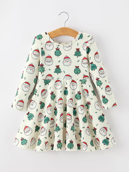 Girls Santa & Christmas Tree Print Twirl Dress