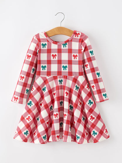 Christmas Girls Candy Cane & Bow Plaid Twirl Dress