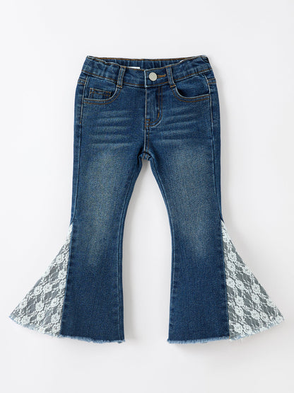 Girls Denim Bell Bottom Pants Lace Flare Jeans