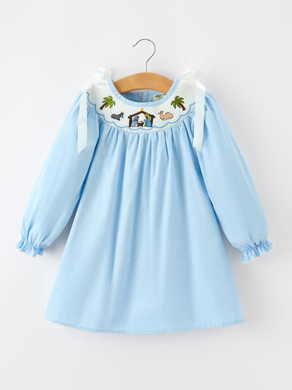 Christmas Nativity Smocked Long Sleeve Girls Dress