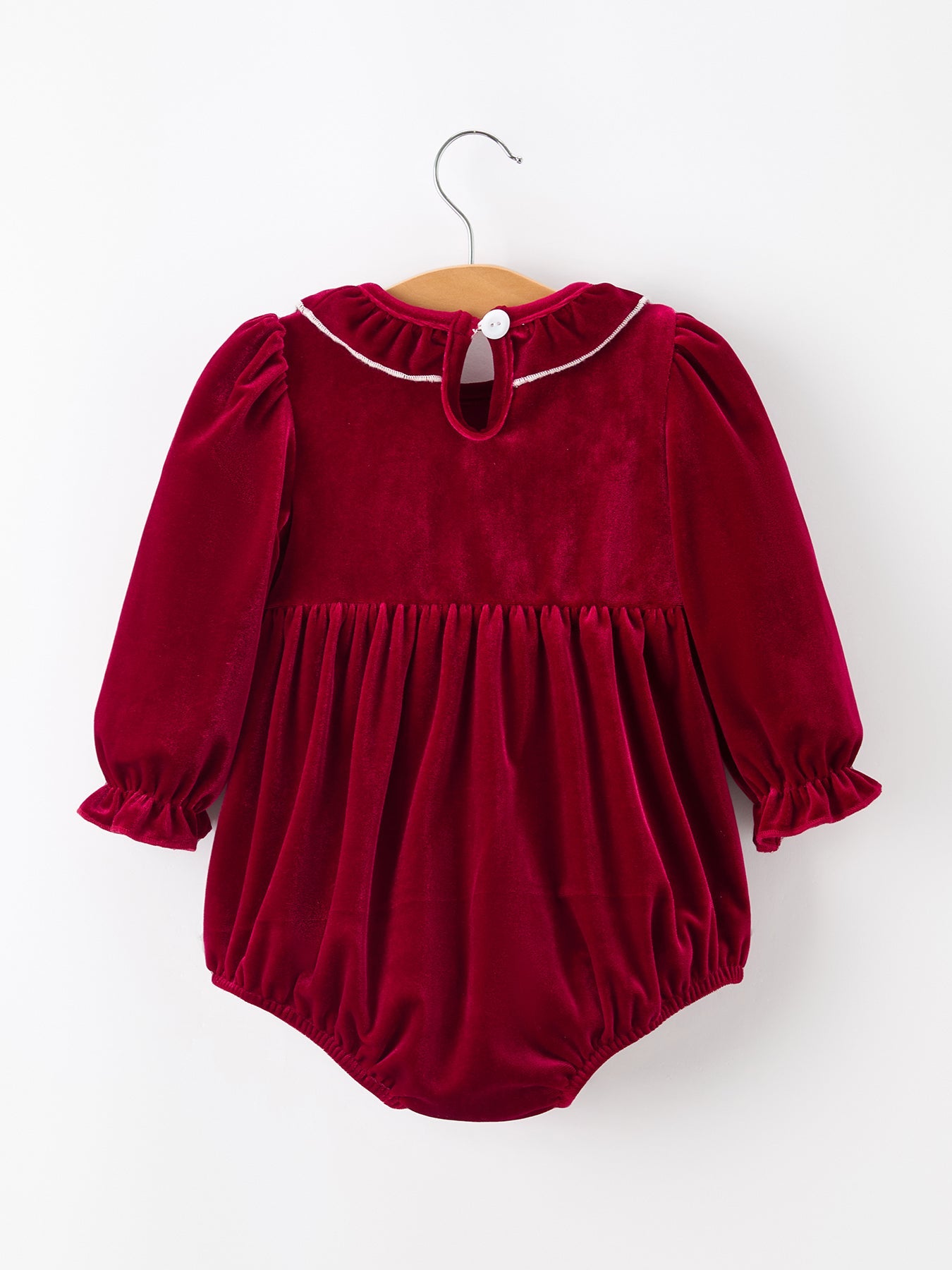 Christmas Velvet Smocked Baby Bubble Romper with Pearl Detail