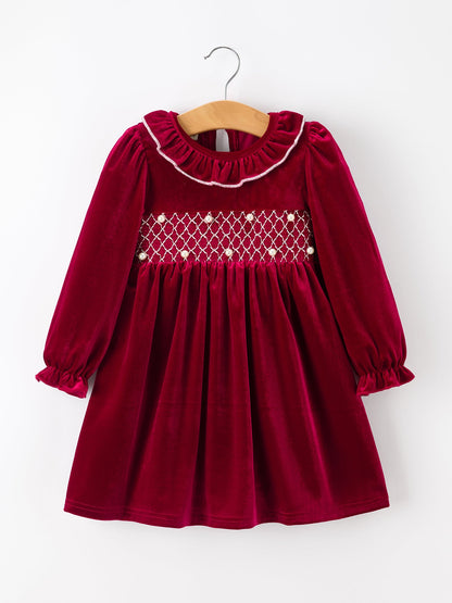 Christmas Velvet Smocked Girls Dress with Pearl Detail