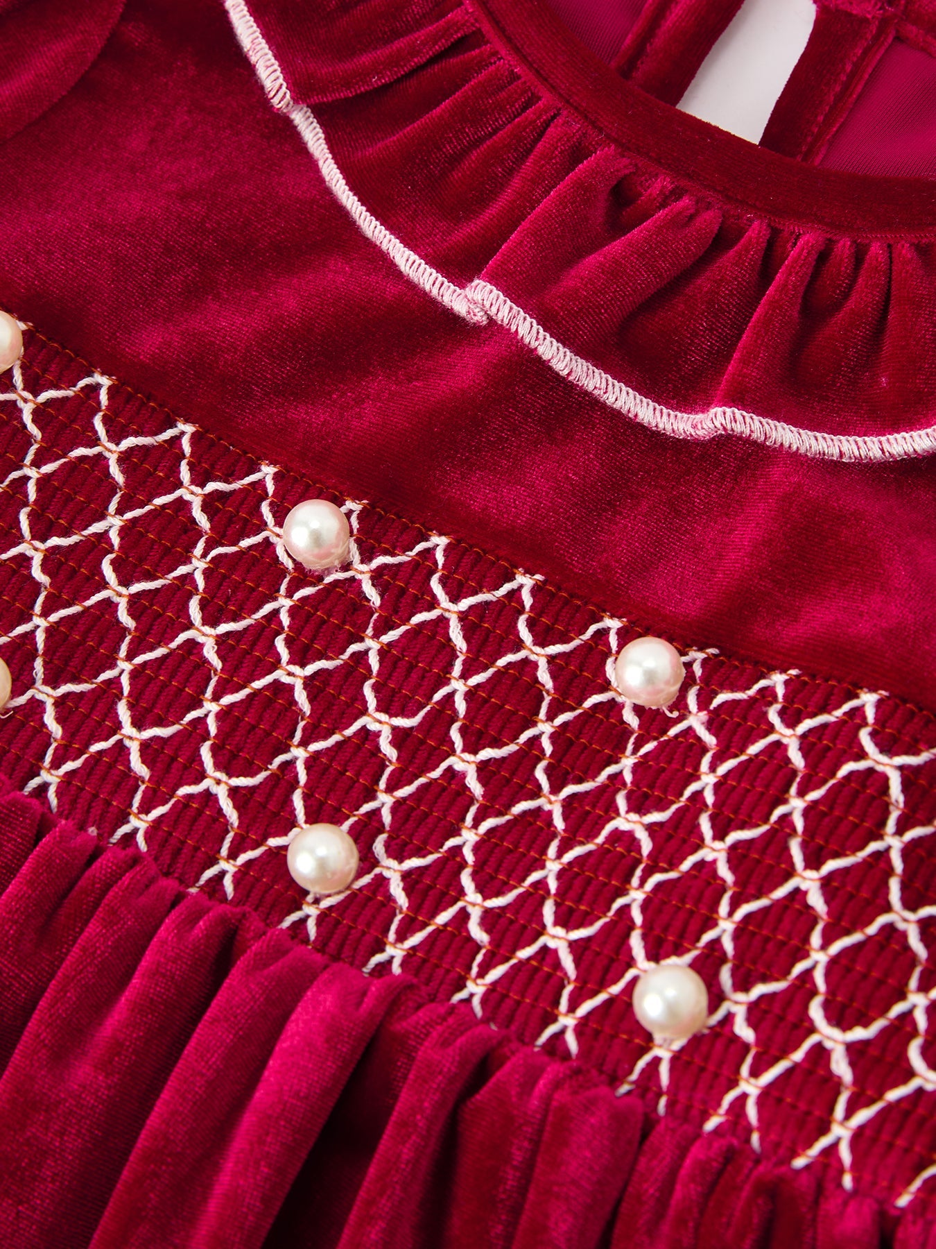 Christmas Velvet Smocked Girls Dress with Pearl Detail