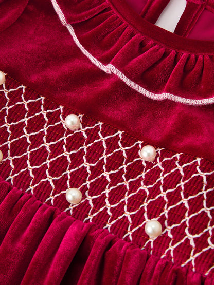 Christmas Velvet Smocked Girls Dress with Pearl Detail