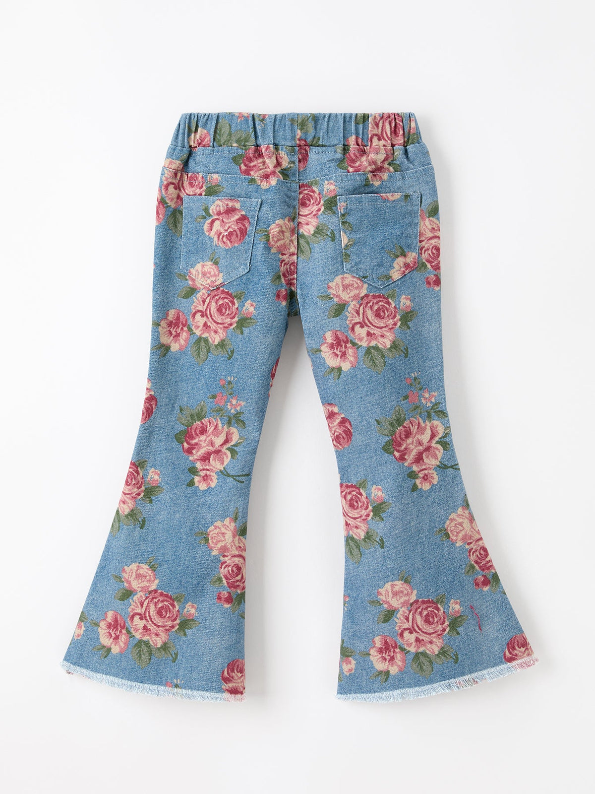 Girls Floral Denim Bell Bottom Pants Rose Print Flare Jeans