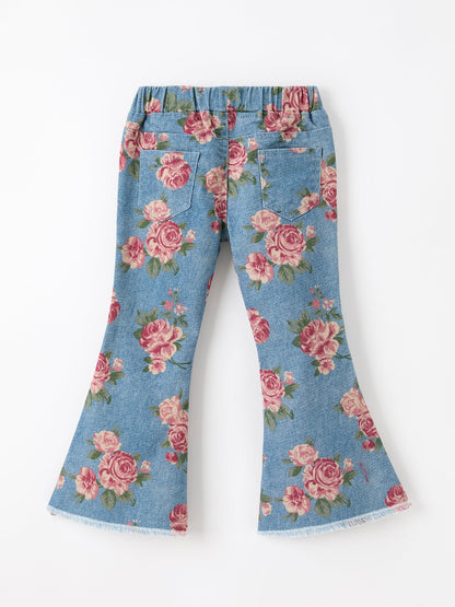 Girls Floral Denim Bell Bottom Pants Rose Print Flare Jeans