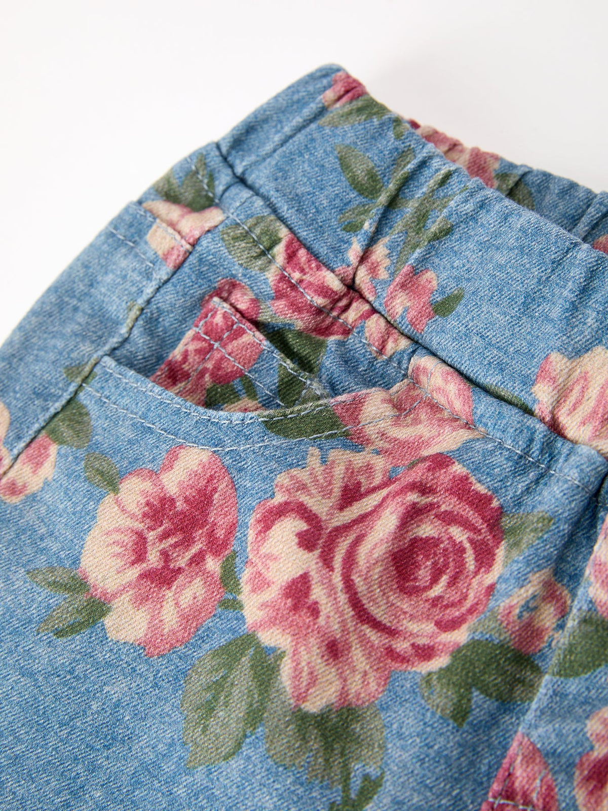 Girls Floral Denim Bell Bottom Pants Rose Print Flare Jeans